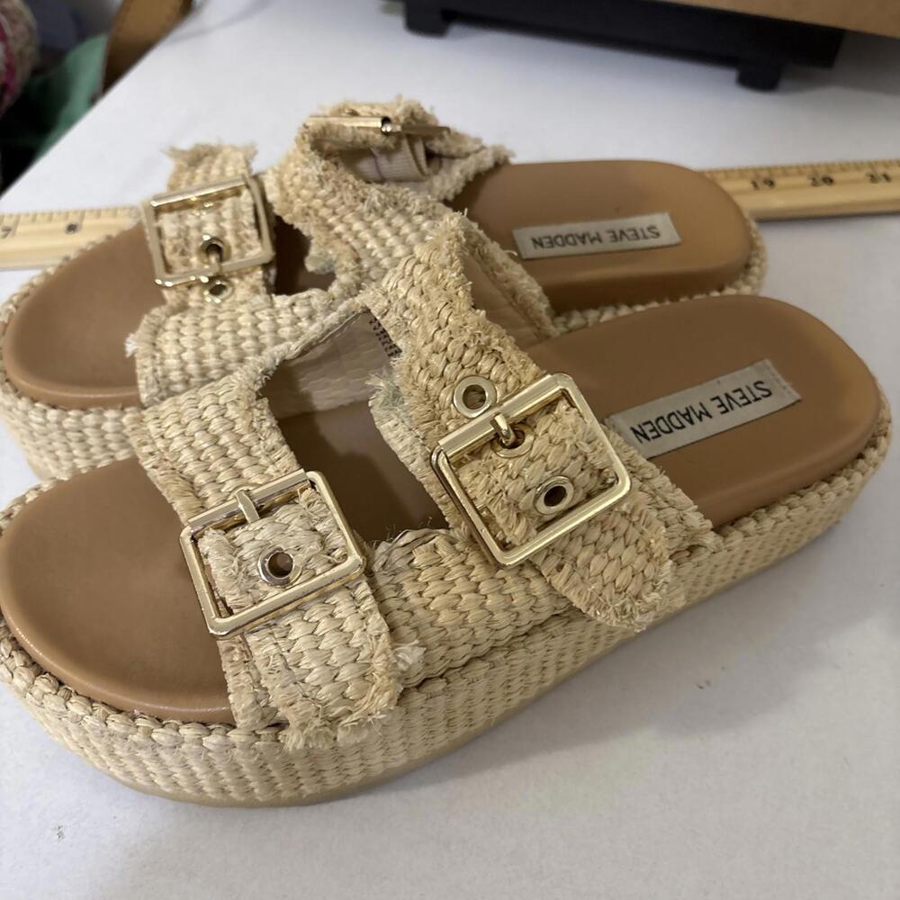 Steve Madden Cream Woven Platform Sandals with Gold Buckles